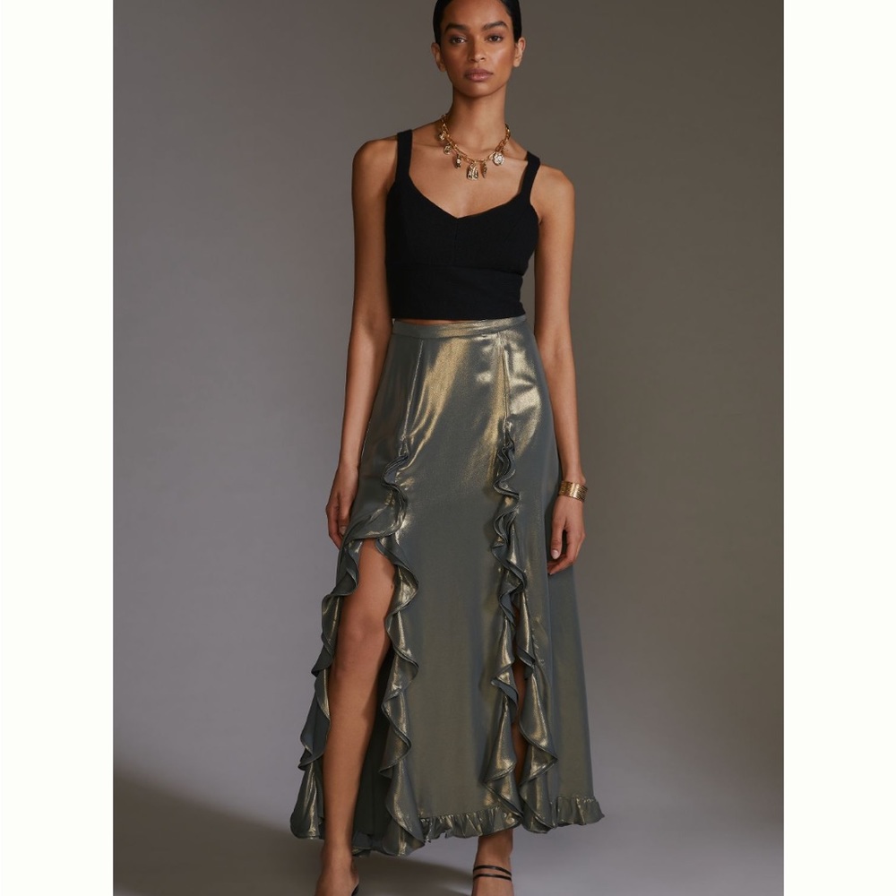 ✨ Anthropologie Ruffle Slit Maxi Skirt Sz L